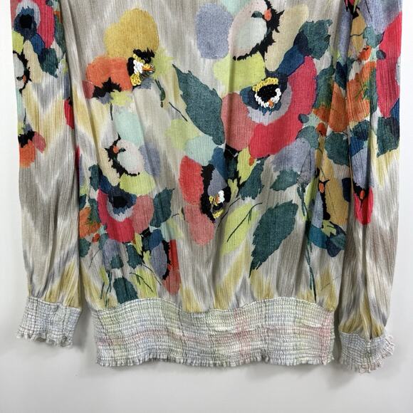 Anthropologie Blank London Floral Watercolor Top XS Smocked Sequin Chevron Boho - Picture 3 of 16